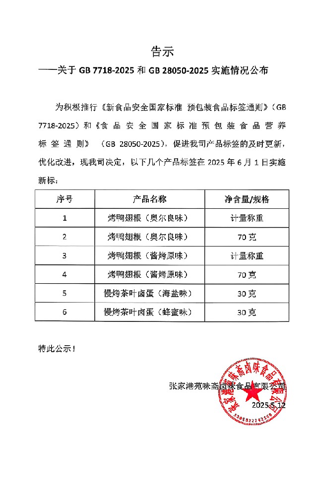  关于 GB 7718-2025 和 GB 28050-2025 实施情况公布